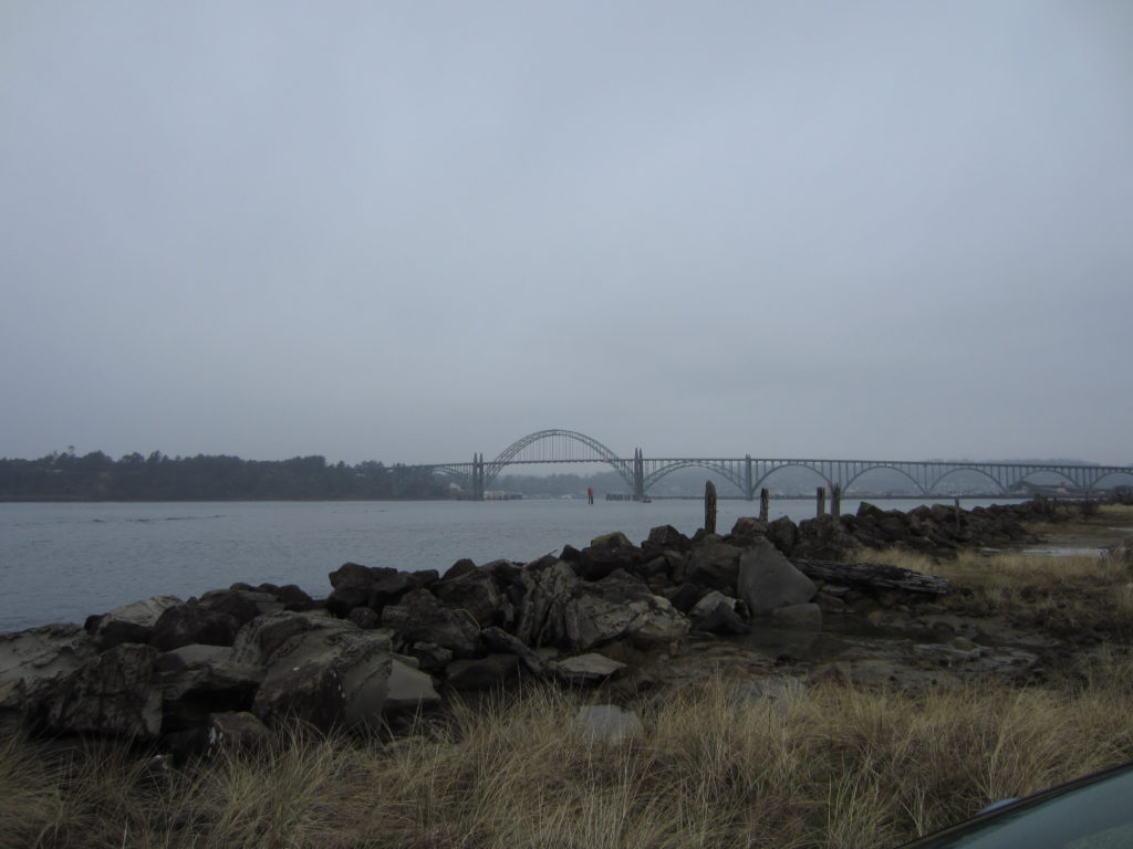 Yaquina Bay Bridge with several Oregon dive sites in the foreground