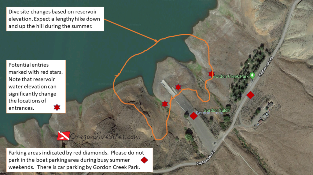 Gordon Creek Park and the Gordon Boat Ramp is a good place to go do some diving in Southeast Oregon. Just be mindful of boat traffic and don't forget that this is an altitude dive. Imagery ©2018 Google, Map data ©2018 Google.