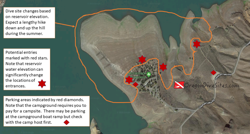 McCormack Campground is a good place to base out of for a few days of diving in Lake Owyhee. Imagery ©2018 Google, Map data ©2018 Google.